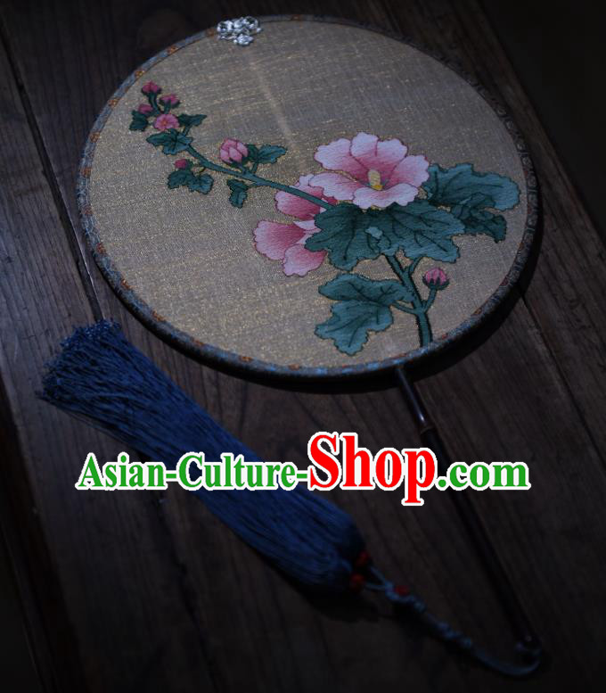 China Handmade Hollyhock Flowers Pattern Palace Fan Ancient Princess Court Fan Traditional Beige Silk Circular Fan
