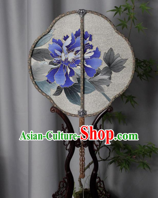 China Handmade Blue Peony Pattern Silk Fan Ancient Song Dynasty Princess Palace Fan Traditional Dance Fan