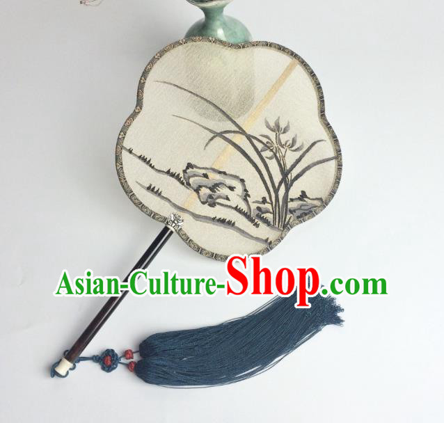 China Handmade Ink Orchids Pattern Silk Fan Ancient Song Dynasty Princess Palace Fan Traditional Dance Plum Fan