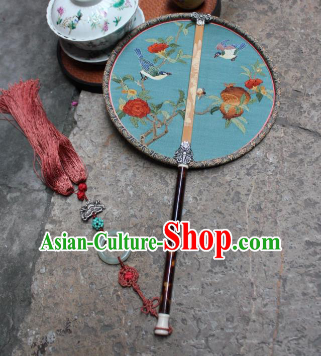 China Handmade Pomegranate Bird Pattern Blue Silk Fan Ancient Song Dynasty Princess Palace Fan Traditional Circular Fan