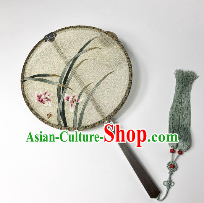 China Ancient Song Dynasty Circular Fan Traditional Orchids Pattern Silk Fan Handmade Beige Palace Fan