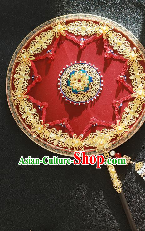 China Wedding Fan Handmade Bride Palace Fan Traditional Xiuhe Suit Red Silk Circular Fan