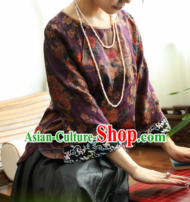 China Purple Gambiered Guangdong Gauze Upper Outer Garment Traditional Women Tang Suit Shirt