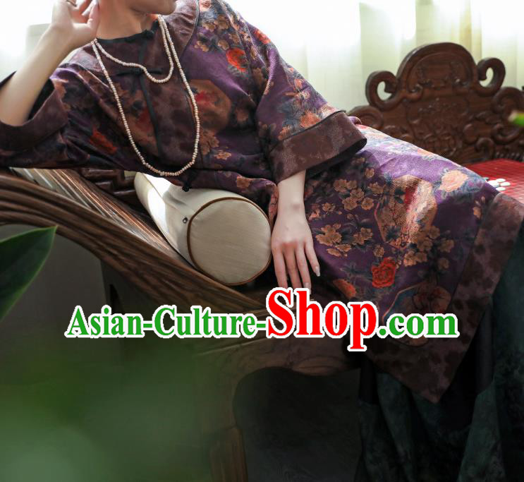 Asian Chinese Traditional Qing Dynasty Woman Qipao Dress Classical Purple Gambiered Guangdong Gauze Cheongsam