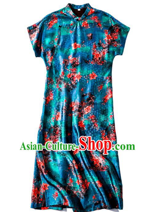 Asian Chinese Traditional Printing Blue Qipao Dress Classical Silk Cheongsam National Woman Clothing