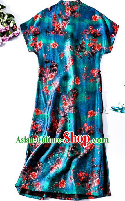 Asian Chinese Traditional Printing Blue Qipao Dress Classical Silk Cheongsam National Woman Clothing