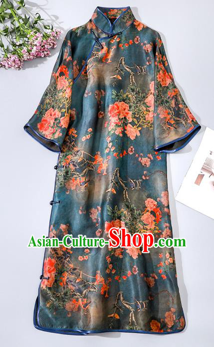 Asian Chinese Classical Silk Cheongsam National Woman Clothing Traditional Printing Blue Qipao Dress