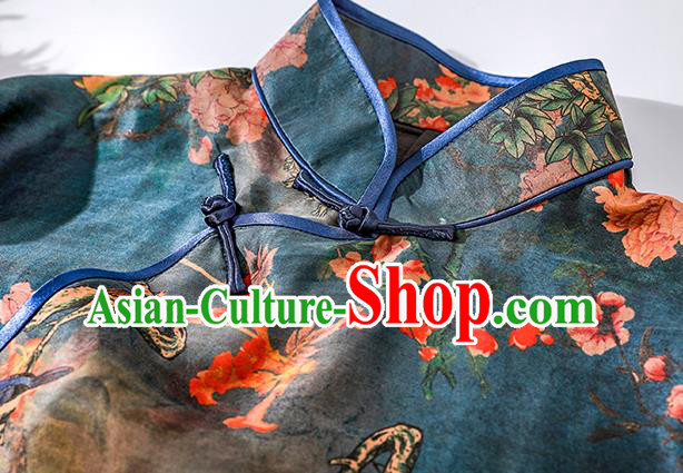 Asian Chinese Classical Silk Cheongsam National Woman Clothing Traditional Printing Blue Qipao Dress