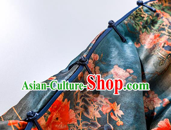 Asian Chinese Classical Silk Cheongsam National Woman Clothing Traditional Printing Blue Qipao Dress