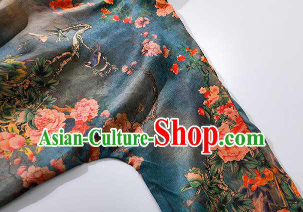 Asian Chinese Classical Silk Cheongsam National Woman Clothing Traditional Printing Blue Qipao Dress