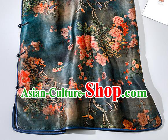 Asian Chinese Classical Silk Cheongsam National Woman Clothing Traditional Printing Blue Qipao Dress