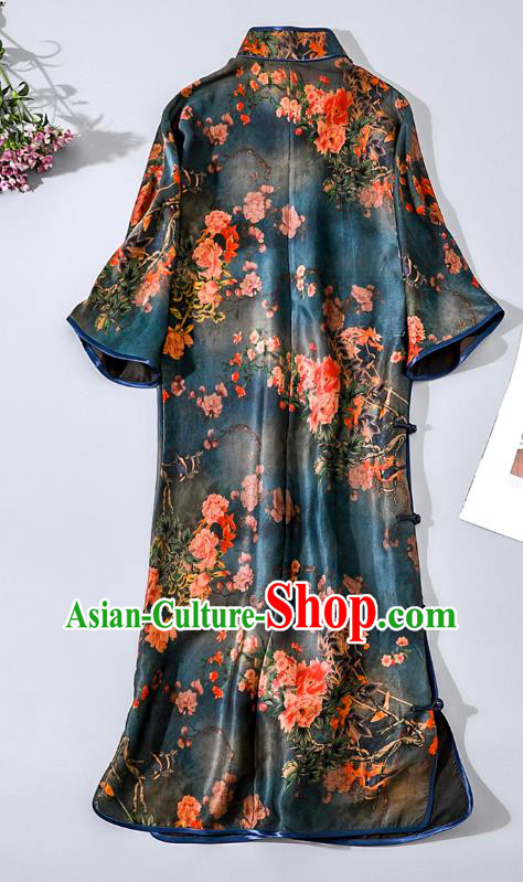Asian Chinese Classical Silk Cheongsam National Woman Clothing Traditional Printing Blue Qipao Dress
