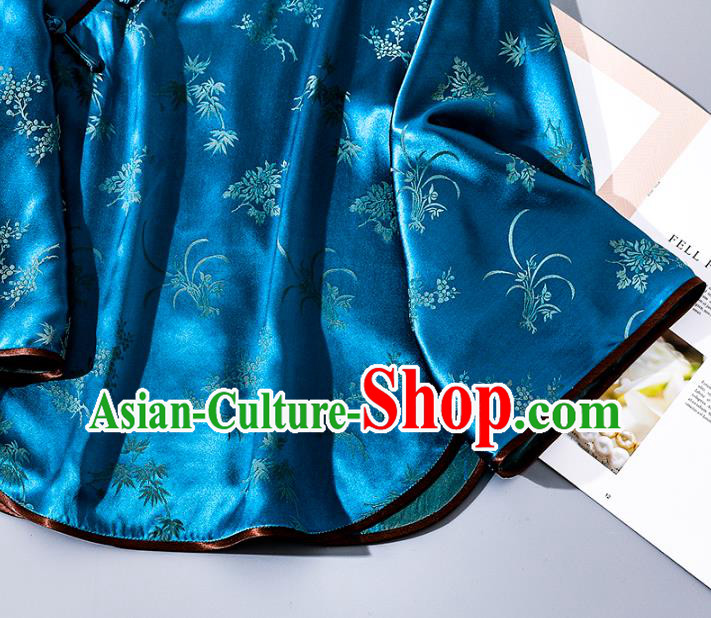 China Tang Suit Wide Sleeve Upper Outer Garment Traditional Cheongsam Blue Silk Shirt