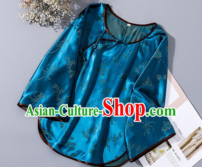 China Tang Suit Wide Sleeve Upper Outer Garment Traditional Cheongsam Blue Silk Shirt