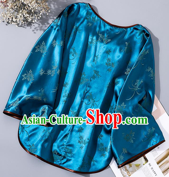 China Tang Suit Wide Sleeve Upper Outer Garment Traditional Cheongsam Blue Silk Shirt