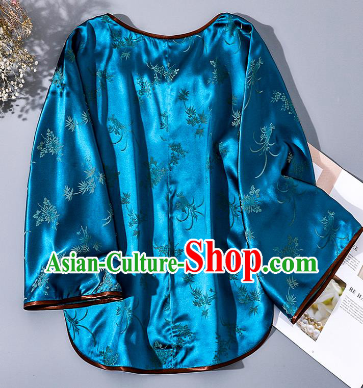 China Tang Suit Wide Sleeve Upper Outer Garment Traditional Cheongsam Blue Silk Shirt