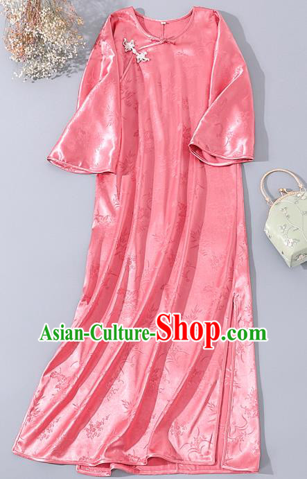 Asian Chinese Classical Pink Silk Cheongsam Traditional Slant Opening Qipao Dress National Woman Clothing