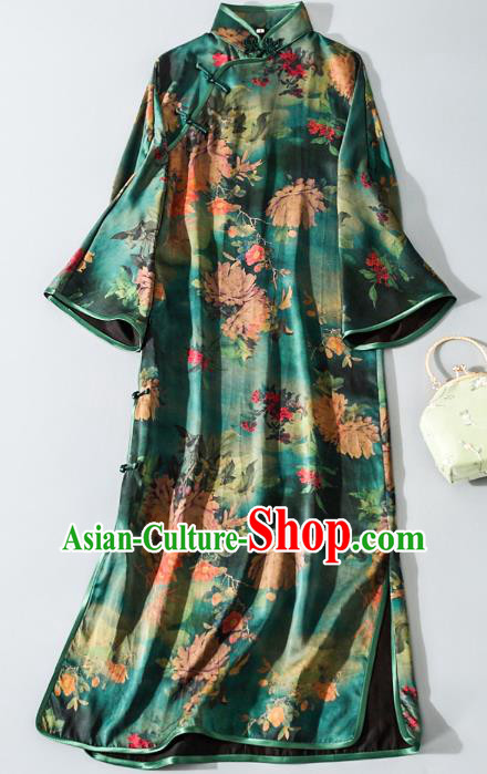Asian Chinese Classical Green Silk Cheongsam Traditional Printing Qipao Dress National Shanghai Beauty Clothing