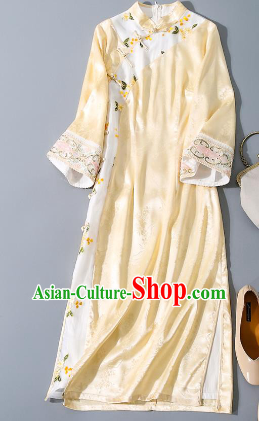 Asian Chinese Traditional Embroidered Qipao Dress National Clothing Classical Yellow Silk Cheongsam