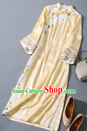 Asian Chinese Traditional Embroidered Qipao Dress National Clothing Classical Yellow Silk Cheongsam