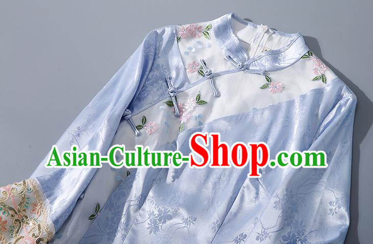 Asian Chinese Classical Light Blue Silk Cheongsam Traditional Embroidered Qipao Dress National Clothing