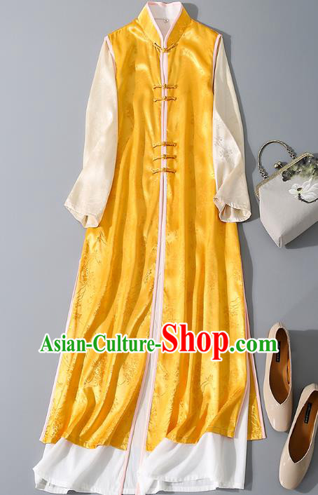 Asian Chinese Classical Yellow Cheongsam Traditional Tang Suit Qipao Dress National Woman Clothing