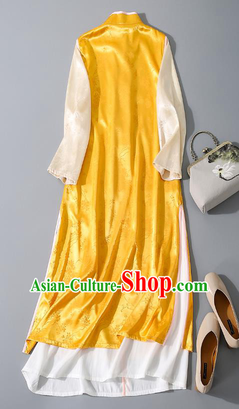 Asian Chinese Classical Yellow Cheongsam Traditional Tang Suit Qipao Dress National Woman Clothing