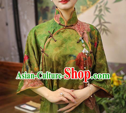 Asian Chinese Traditional Shanghai Woman Silk Qipao Dress Classical Green Gambiered Guangdong Gauze Cheongsam