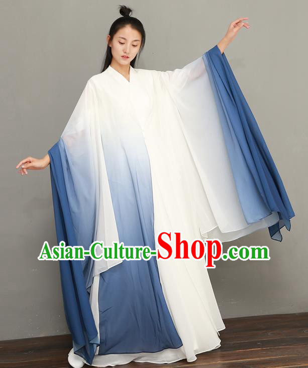 Asian Chinese National Zen Clothing Classical Three Pieces Costumes Traditional Tang Suit Blue Chiffon Dress