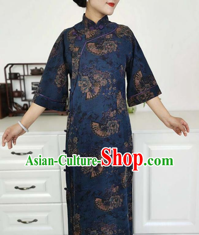 Asian Chinese Classical Shanghai Beauty Costume Traditional Tang Suit Navy Blue Silk Qipao Dress