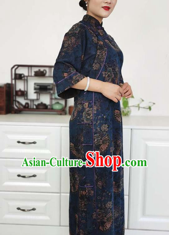 Asian Chinese Classical Shanghai Beauty Costume Traditional Tang Suit Navy Blue Silk Qipao Dress