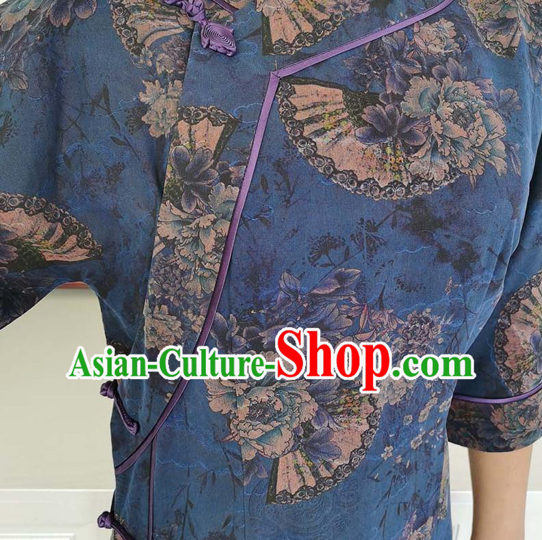 Asian Chinese Classical Shanghai Beauty Costume Traditional Tang Suit Navy Blue Silk Qipao Dress