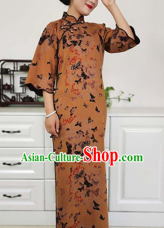 Asian Chinese Traditional Ginger Silk Qipao Dress Classical Butterfly Pattern Cheongsam Costume