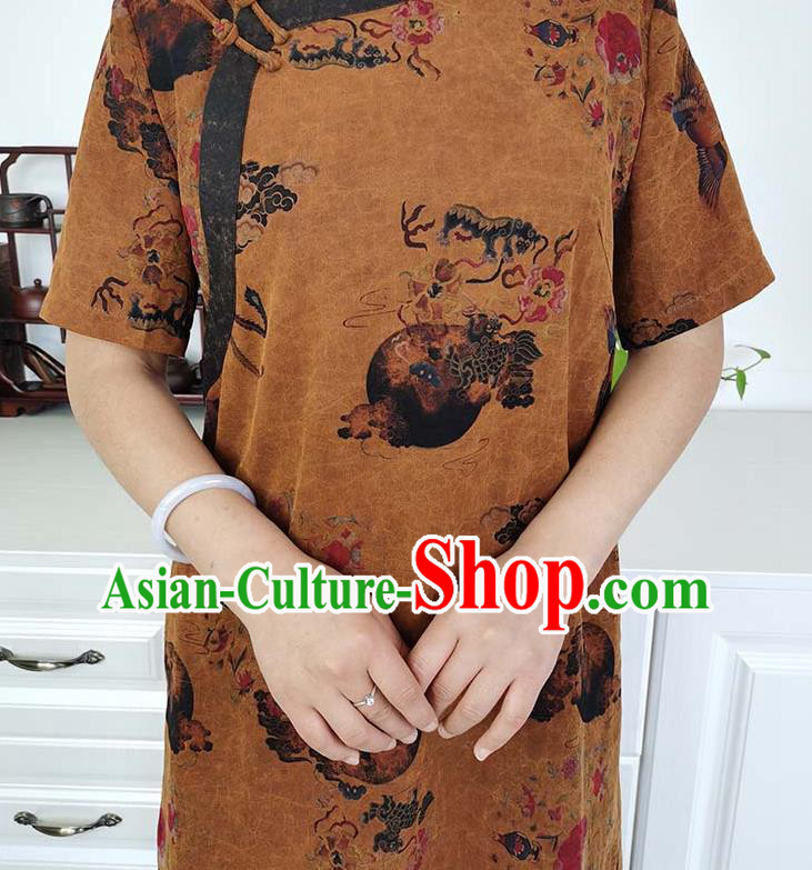 Asian Chinese Classical Cheongsam Costume Traditional Brown Silk Qipao Dress