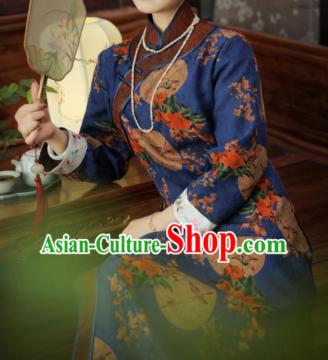 Asian Chinese Classical Gambiered Guangdong Gauze Cheongsam Traditional Young Beauty Royalblue Silk Qipao Dress
