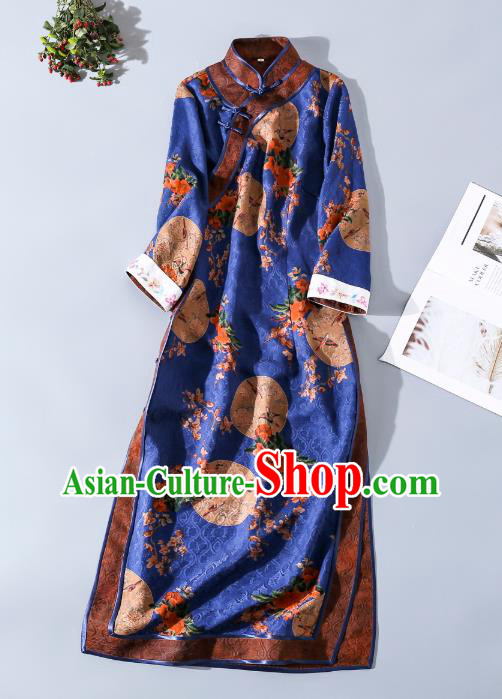 Asian Chinese Classical Gambiered Guangdong Gauze Cheongsam Traditional Young Beauty Royalblue Silk Qipao Dress