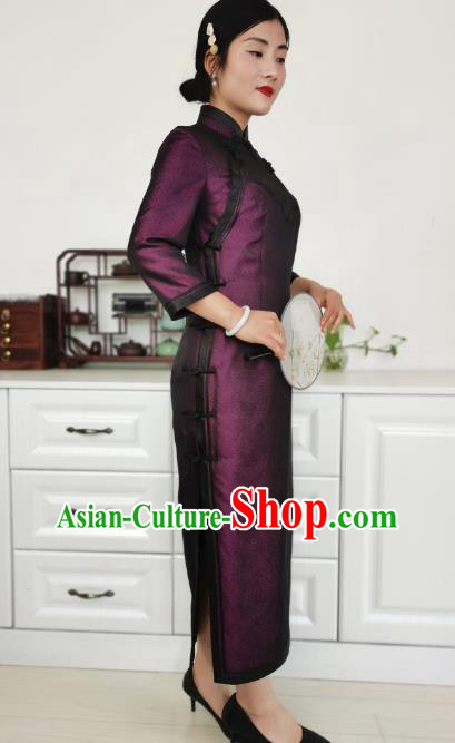 Asian Chinese Classical Elderly Woman Cheongsam Costume Traditional Mother Purple Silk Qipao Dress