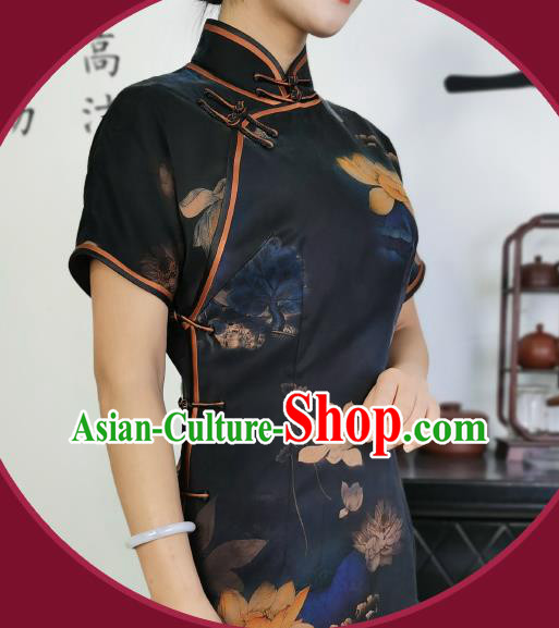 Asian Chinese Classical Young Mistress Cheongsam Costume Traditional Printing Lotus Navy Silk Qipao Dress