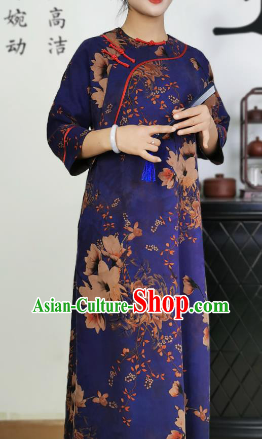 Asian Chinese Classical Loose Cheongsam Costume Traditional Printing Deep Blue Silk Qipao Dress