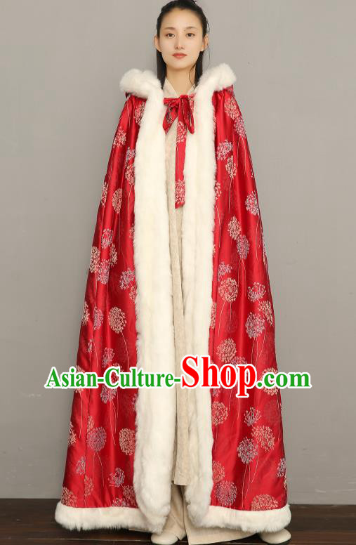 Chinese Ancient Princess Cotton Wadded Cloak Traditional Winter Costume National Women Red Silk Cape