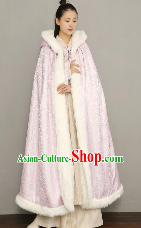 Chinese National Women Pink Silk Cape Ancient Princess Cotton Wadded Cloak Traditional Winter Costume