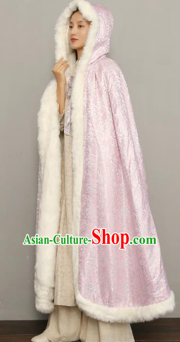Chinese National Women Pink Silk Cape Ancient Princess Cotton Wadded Cloak Traditional Winter Costume