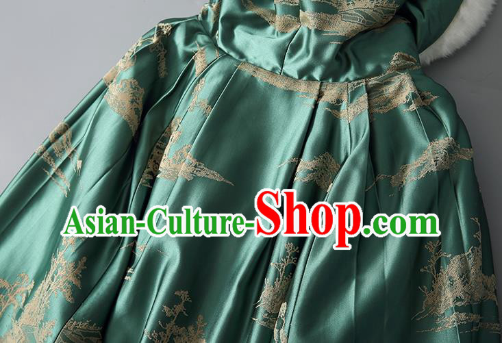 Chinese Women Green Silk Long Cape Tang Suit Cotton Wadded Cloak Traditional National Costume