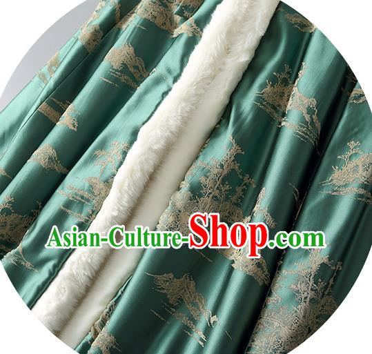 Chinese Women Green Silk Long Cape Tang Suit Cotton Wadded Cloak Traditional National Costume