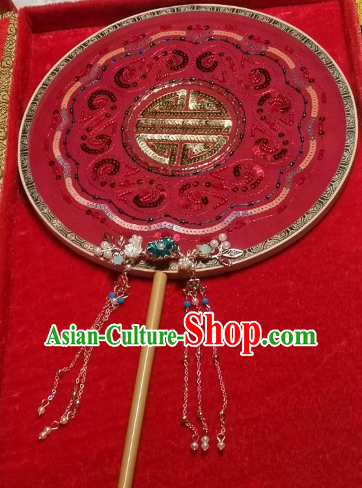 China Traditional Circular Fan Handmade Bride Red Silk Palace Fan Wedding Golden Sequins Fan