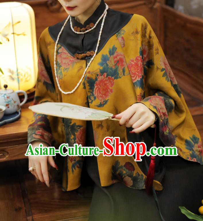 China Classical Peony Pattern Yellow Gambiered Guangdong Gauze Cloak Traditional Women Tang Suit Outer Garment
