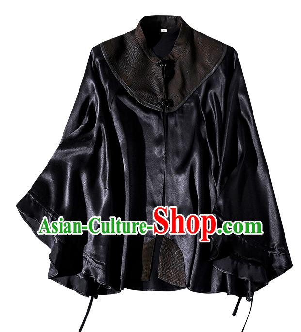 China Traditional Women Tang Suit Outer Garment Classical Black Gambiered Guangdong Gauze Cloak