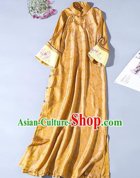 Asian Chinese Classical Golden Song Brocade Cheongsam Clothing Traditional Embroidered Silk Qipao Dress