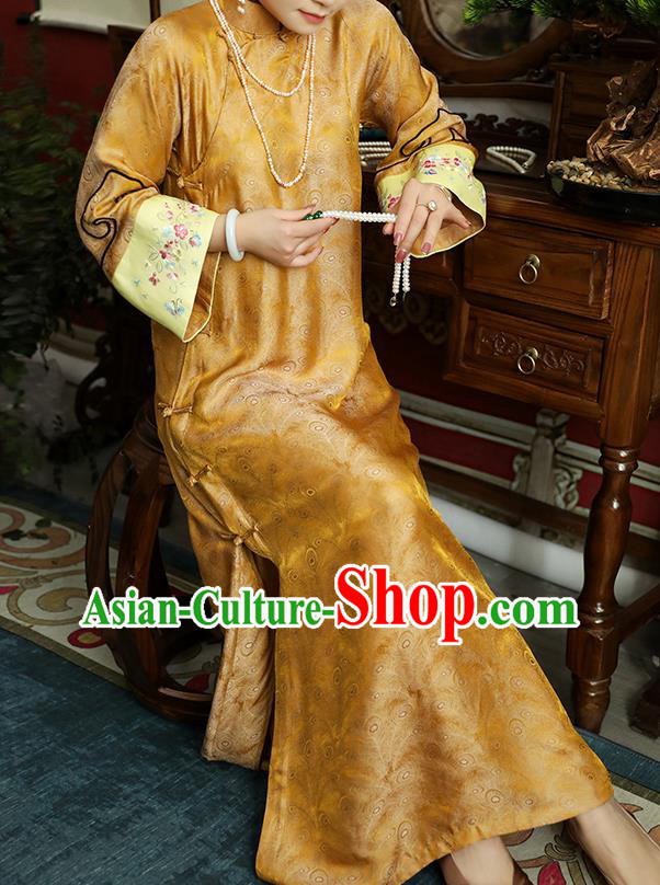Asian Chinese Classical Golden Song Brocade Cheongsam Clothing Traditional Embroidered Silk Qipao Dress