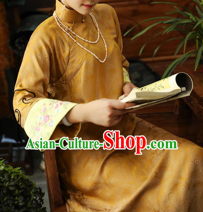 Asian Chinese Classical Golden Song Brocade Cheongsam Clothing Traditional Embroidered Silk Qipao Dress